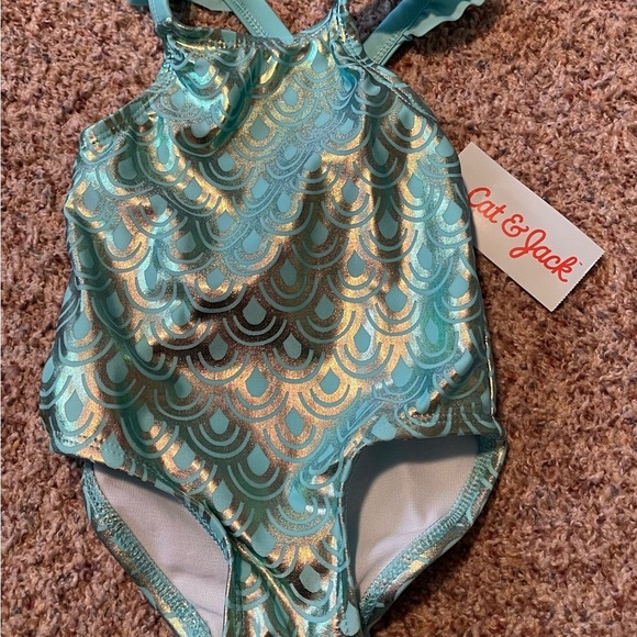 Cat & Jack Aqua and Gold Swimsuit - Picture 1 of 2